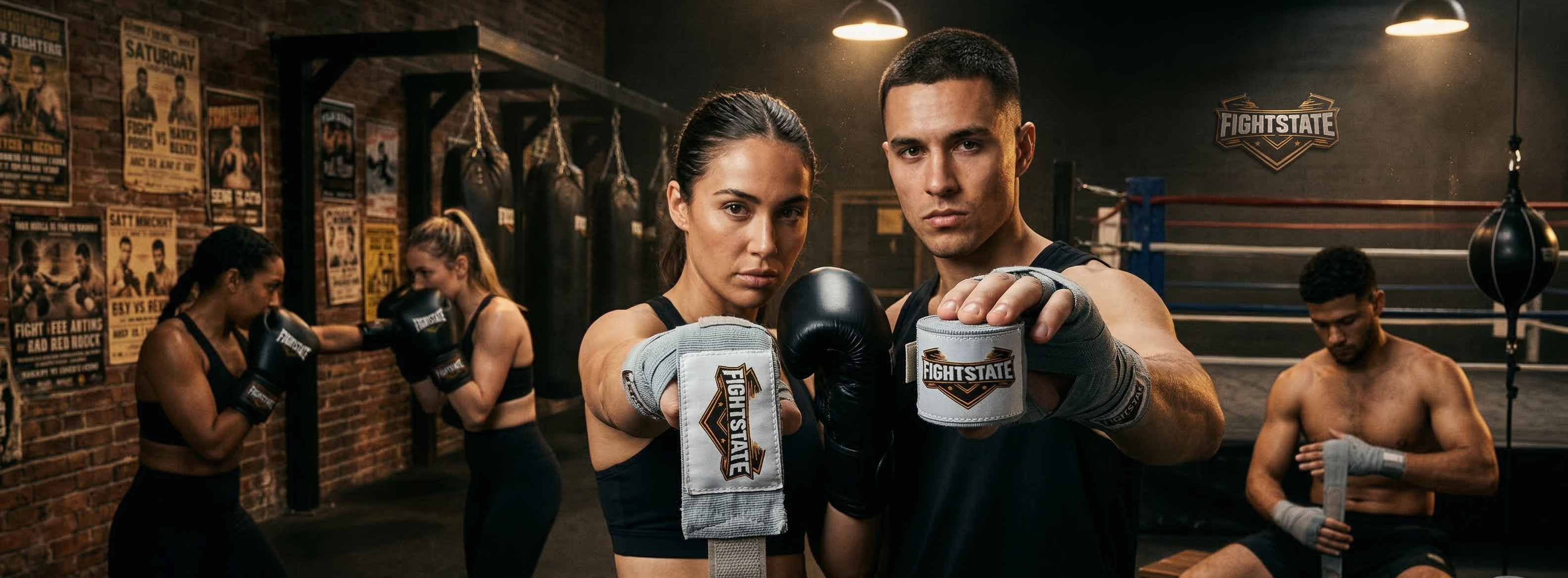 Two boxers holding boxing gloves in a boxing ring with other boxers in the background.
